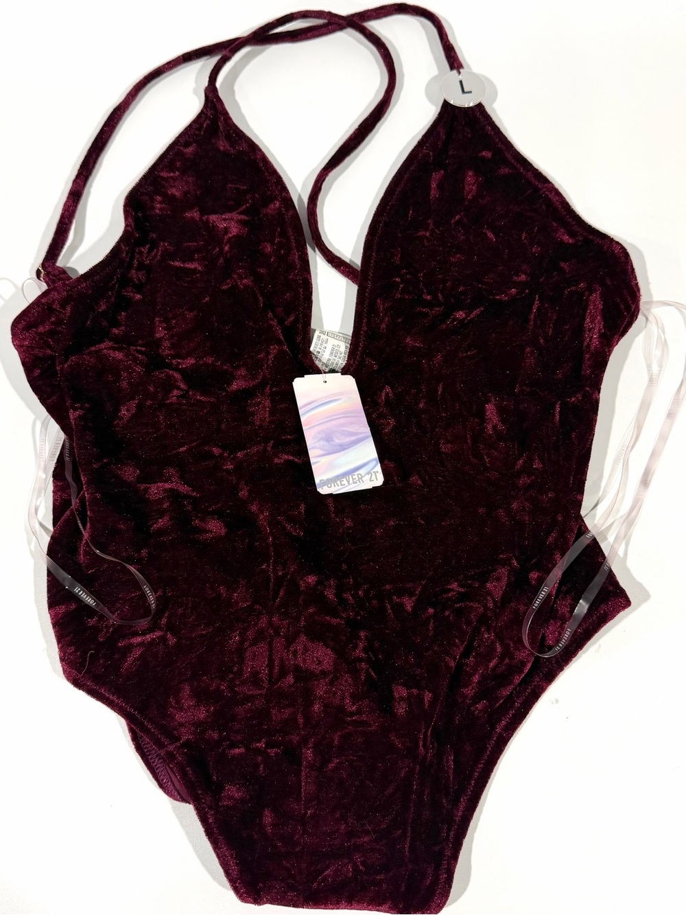 Forever 21 Crushed Velvet Burgundy Red Plunge Low Cut Halter One Piece Swimsuit